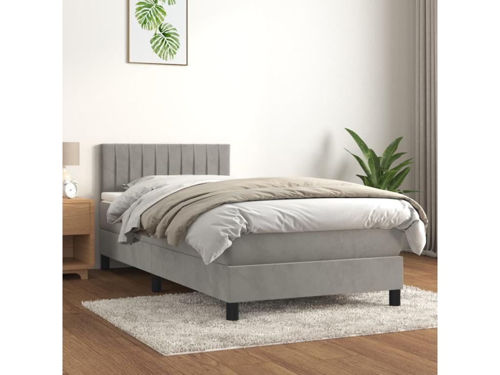 Upholstered bed base and mattress, light grey, 80x200 cm, velvet, CHKA22167