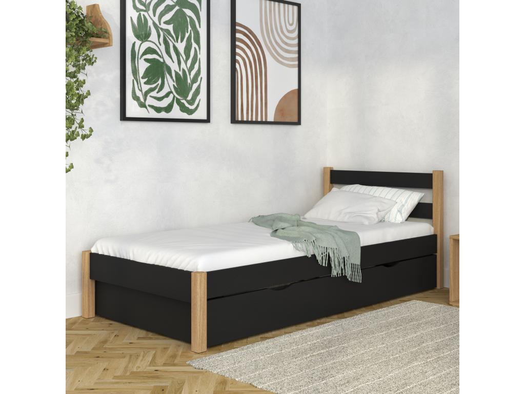 Single wooden bed - with drawer N01 Black / Natural Oak 80x200 ZHMZ97930
