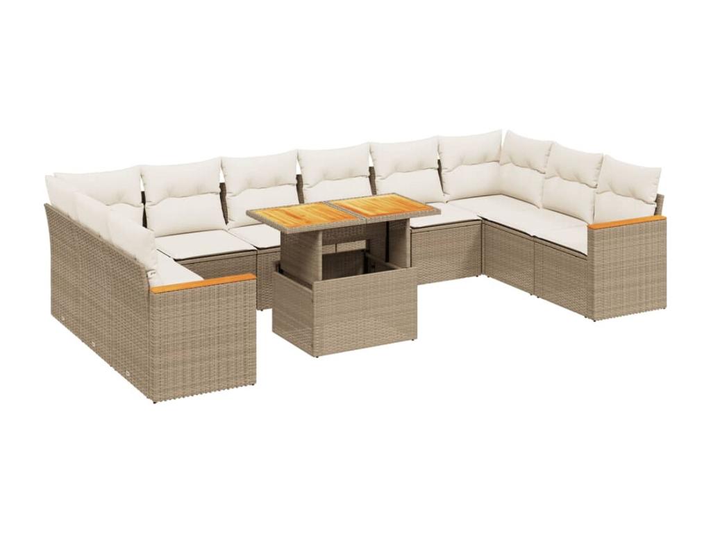 11-piece garden furniture set with beige cushions, woven resin ZDYQ54711