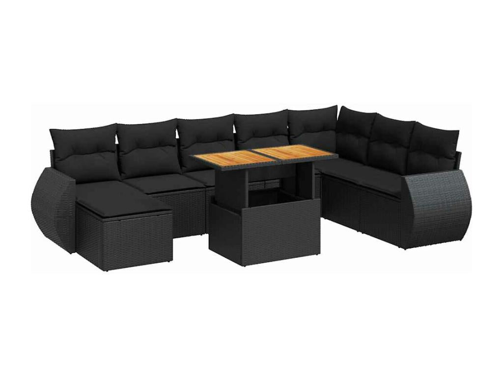 9-piece garden furniture set with cushions, black woven resin QMEL91413