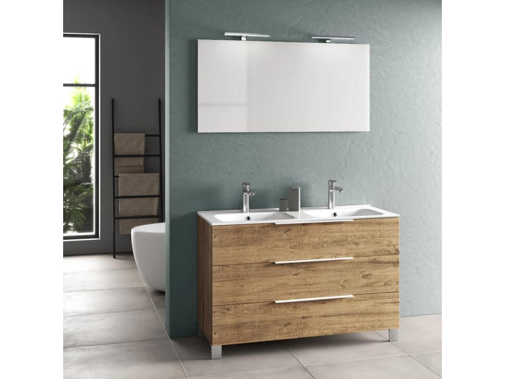 Decohaute 120cm L bathroom vanity unit with 3 drawers, light oak finish, double sink and LED mirror, NMNN73806
