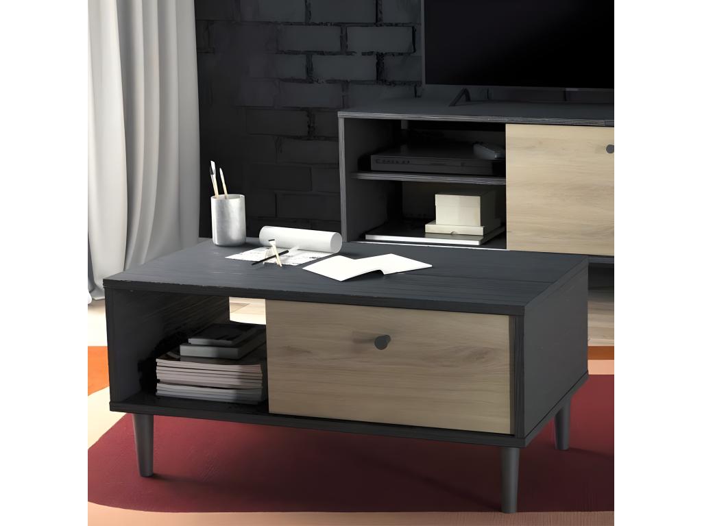 Coffee table with 1 drawer and 1 niche, Black/Oak - Chicyla - Dimensions: W 72 x D 39 x H 34 cm STWY50896