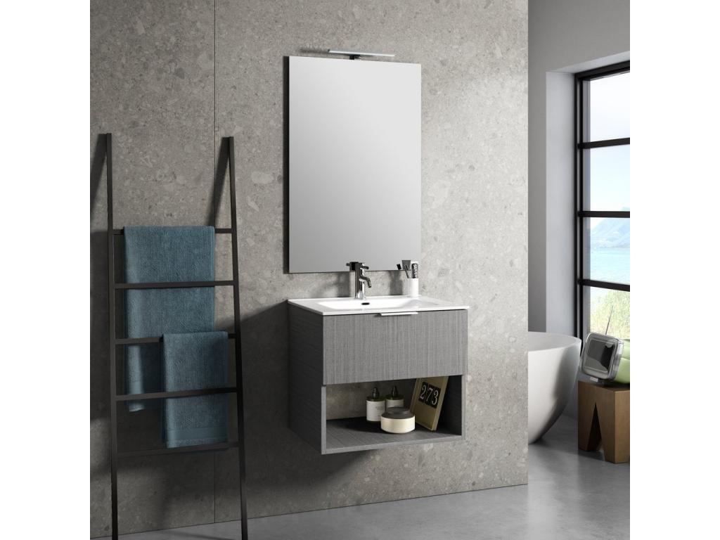 Decohaute bathroom vanity unit with 1 drawer, grey wood and illuminated mirror, 60cm wide, WNMD04739