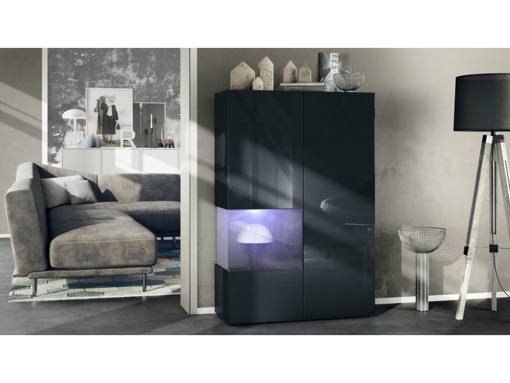 Matte and Glossy Black Display Case with Lacquered Black Insert, WxHxD 91.5x136.5x37 cm, White LED Lighting XFHC28820