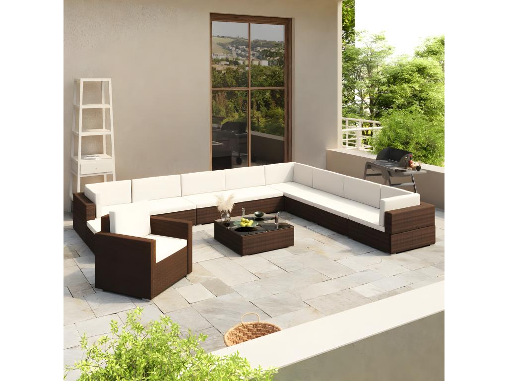 12-piece garden furniture set with cushions, brown woven resin, NWDC96474