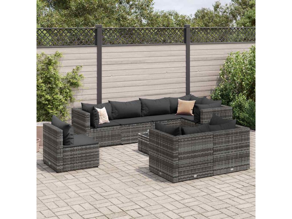 9-piece garden furniture set with cushions, Grey Wicker Resin RERJ32768