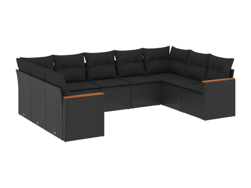 9-piece garden furniture set with cushions, black resin wicker MWZW82524