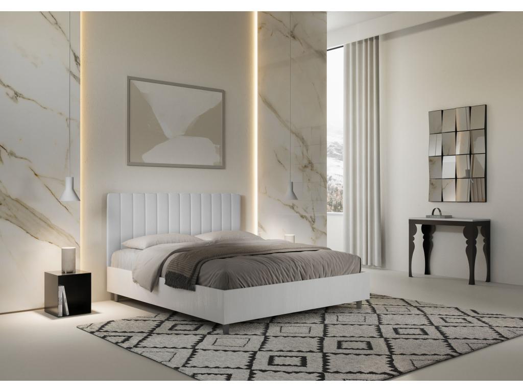 Double bed with storage compartment, 160x190 cm, white ash wood, Domopure white faux leather headboard, ADGO04097