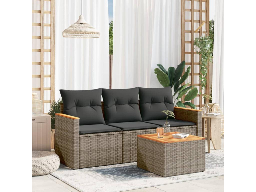 4-piece garden furniture set with grey resin wicker cushions DIVN48421