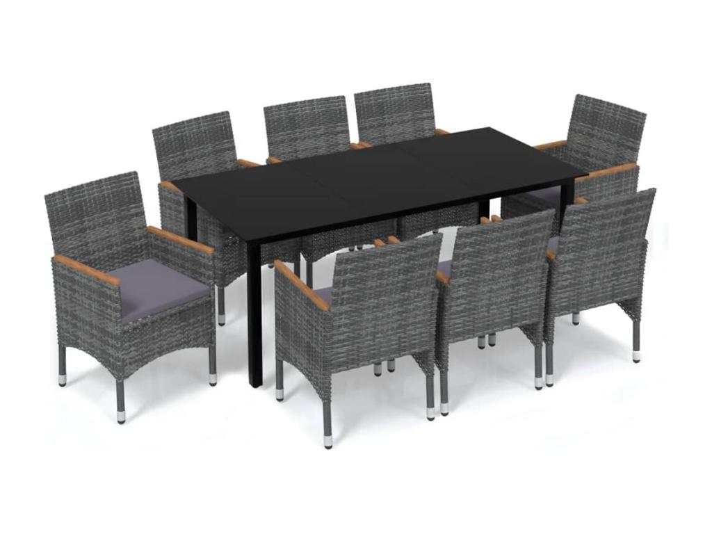 9-piece garden dining set and cushions, grey wicker resin, YEKB59798