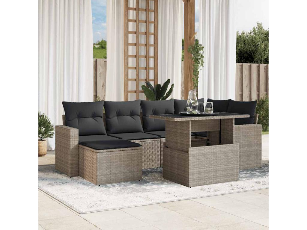 Garden furniture set with cushions, 7 pieces, light grey woven resin, OYUH89366