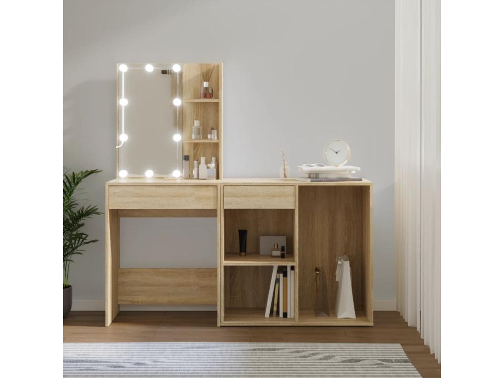 LED dressing table with cabinet, Oak finish, Decohaute engineered wood, VSJR91686
