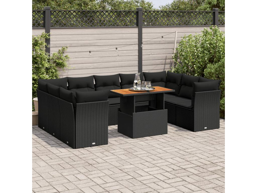 10-piece garden furniture set with cushions, black woven resin RMSJ79526