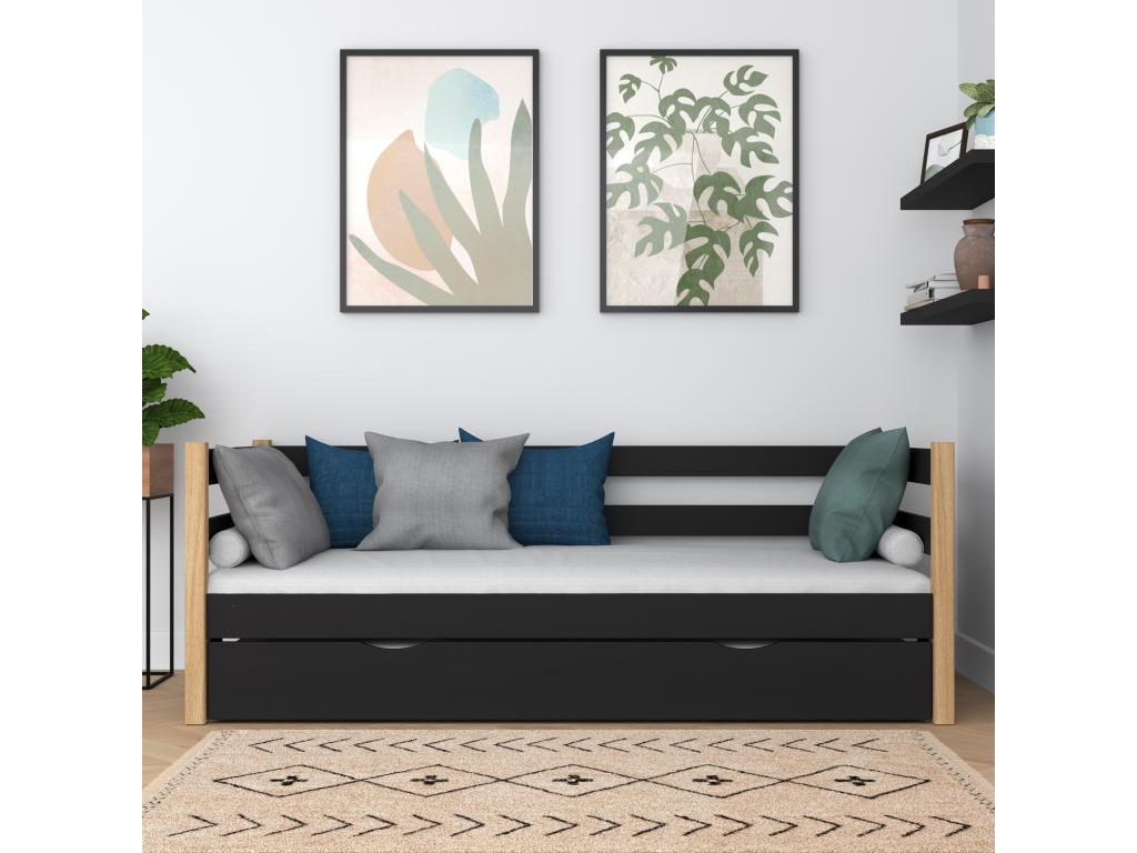 Daybed with pull-out bed N01 Black / Natural Oak 80x190 AAKT14605