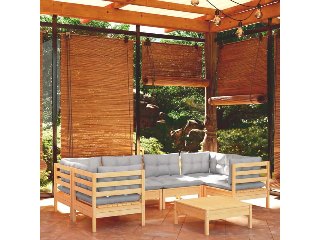 7-piece garden furniture set with grey pine wood cushions VGRJ58357