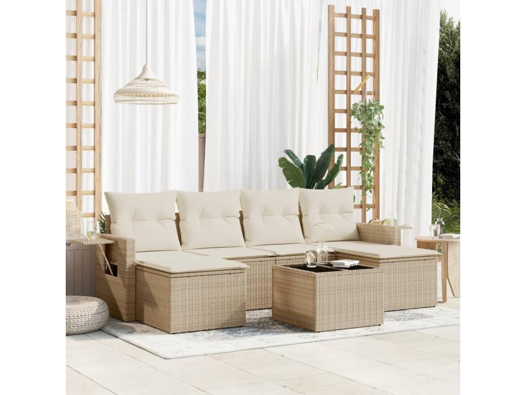 7-piece garden furniture set with cushions, beige woven resin QSSM07095