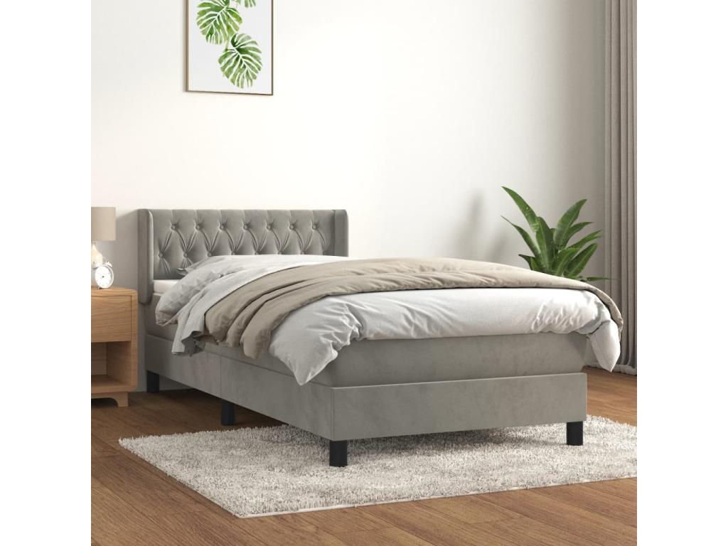 Upholstered bed base and mattress, light grey, 90x200 cm, velvet, KTJL81449