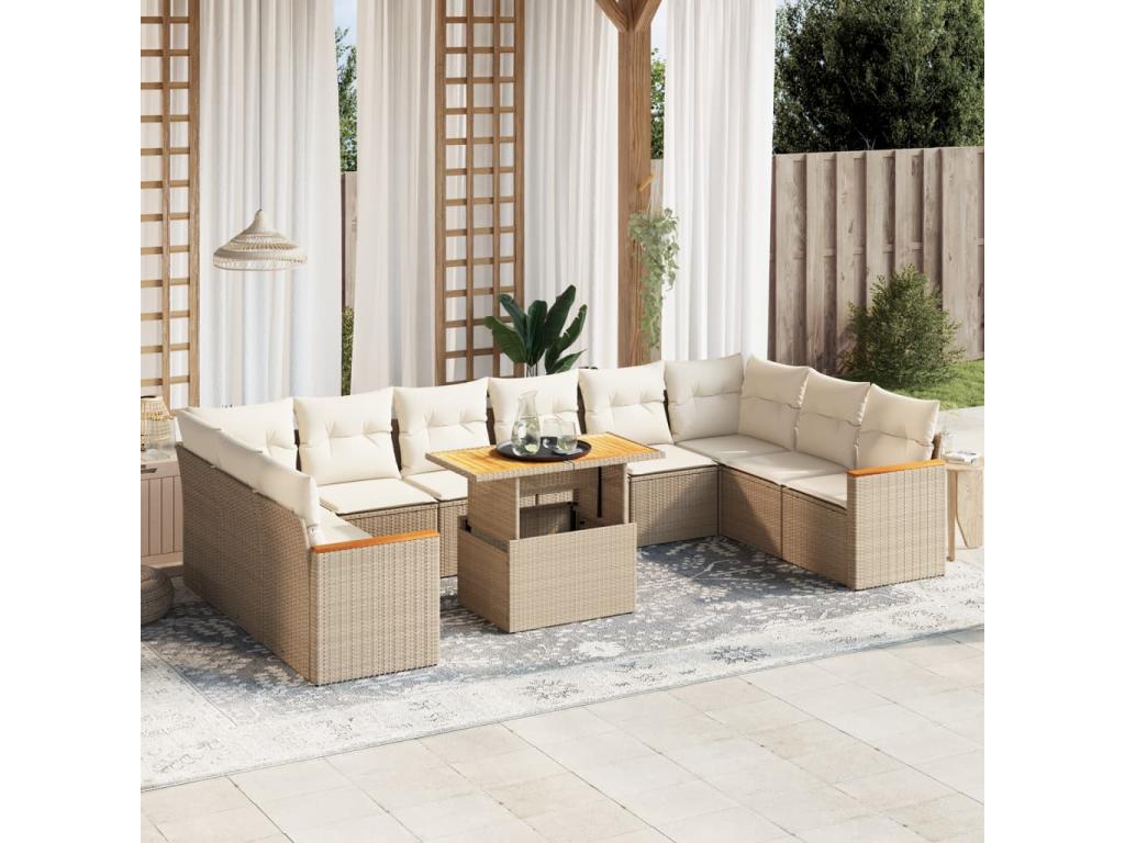 11-piece garden furniture set with beige cushions, woven resin ZDYQ54711