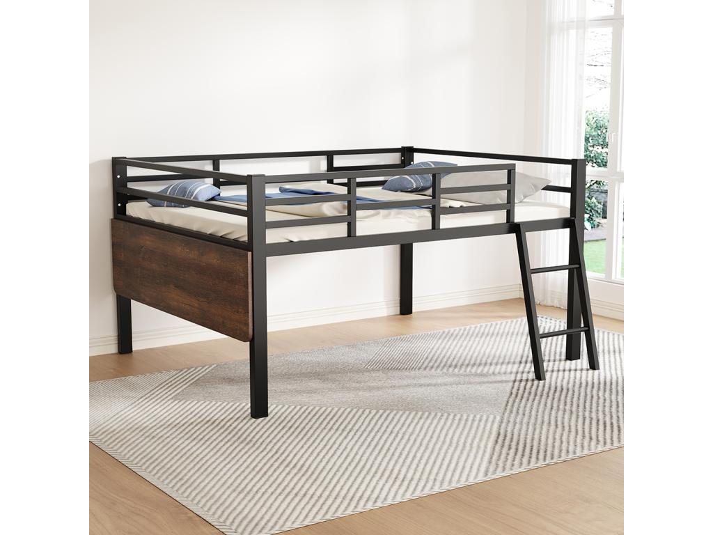 Flat metal bed 140x200 cm with ladder rails, desk, remote LED strip, black BLYA23274