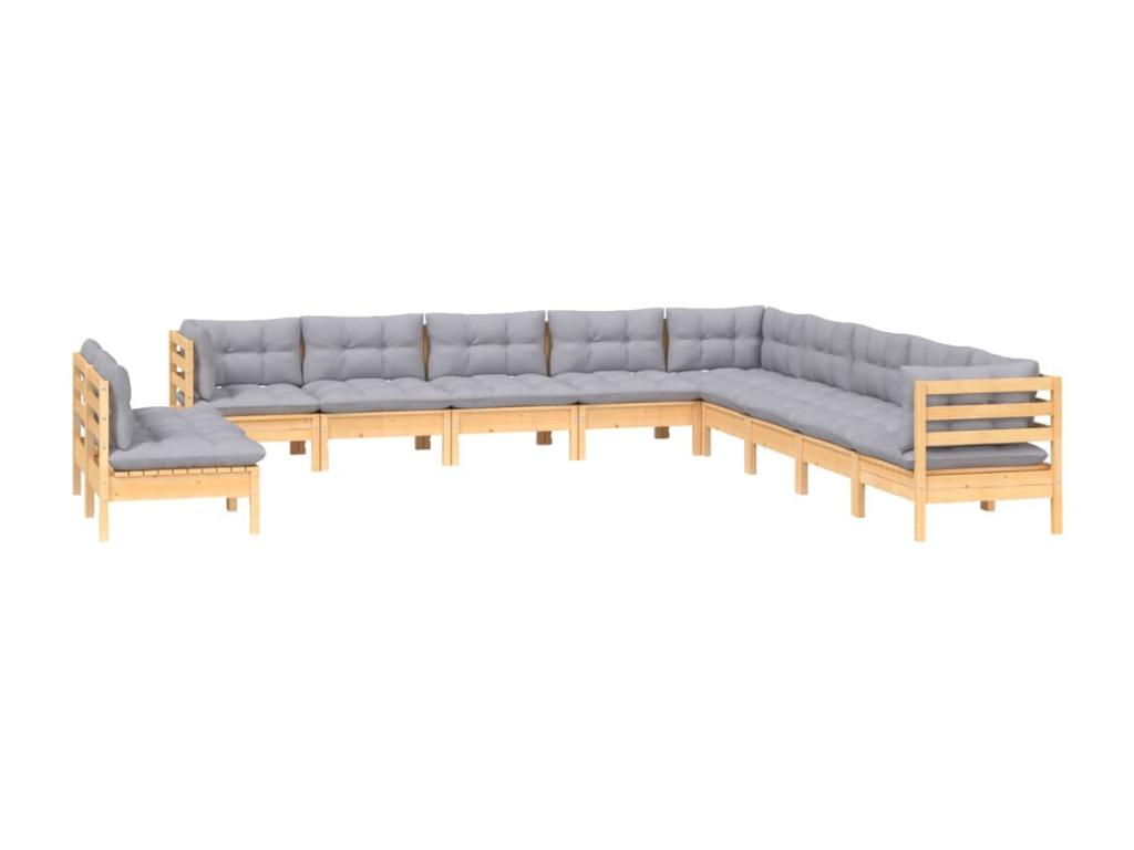 11-piece garden furniture set with grey cushions, solid pine wood FBEE64323