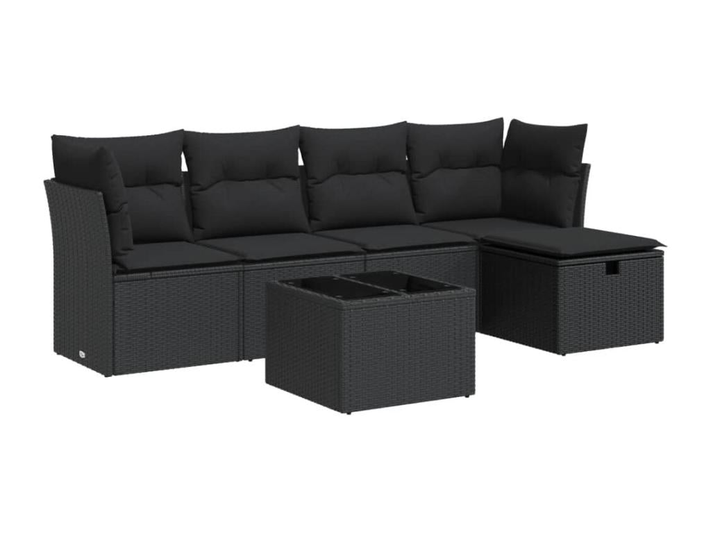 6-piece garden furniture set with cushions, black woven resin SQOT88725