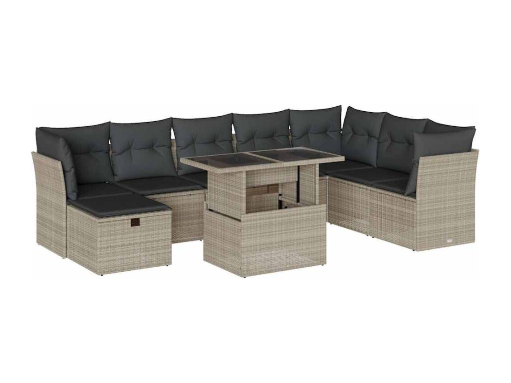 9-piece garden furniture set with light grey cushions, woven resin HNKM63622
