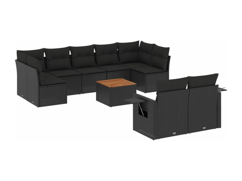 10-piece garden furniture set with cushions, black woven resin SHMH51049