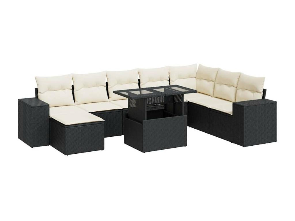 9-piece garden furniture set with cushions, black resin wicker AOKV51185