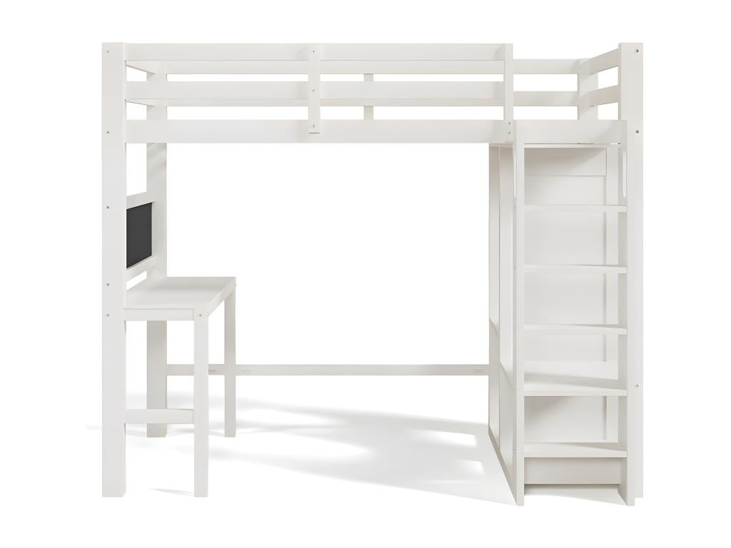 Raised children's bed with desk, open wardrobe and shelves, children's bed with high-level slatted base and fall protection, single bed 90x200 cm - White QCFW55210