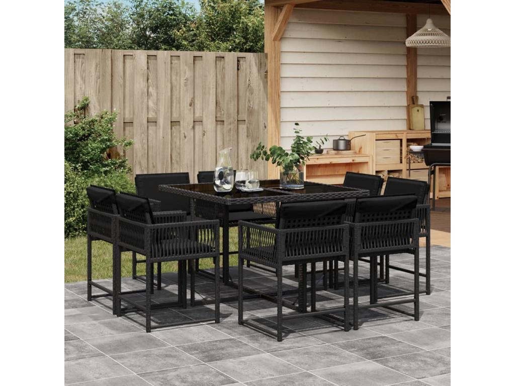 9-piece garden dining set with cushions, black resin wicker FJVT36447