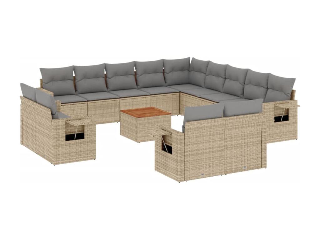 14-piece garden furniture set and cushions, meDomopure beige woven resin TBXJ85367
