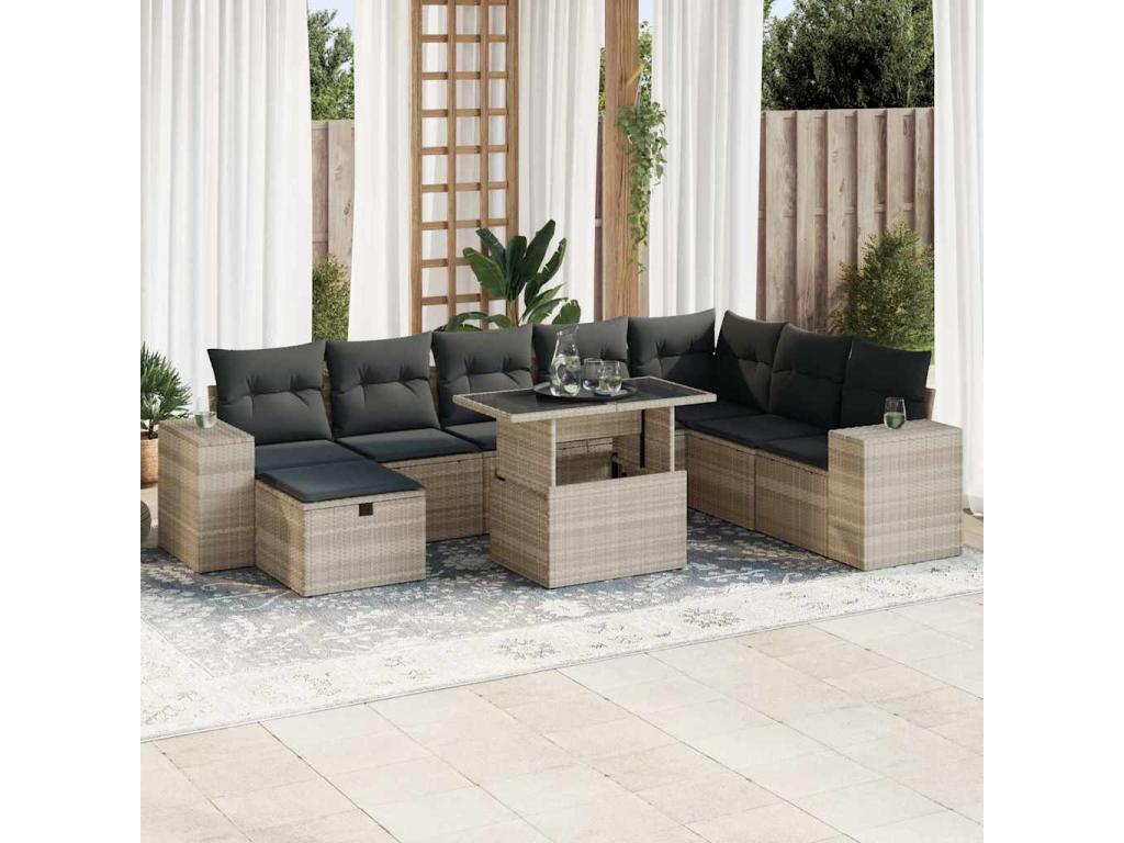 9-piece garden furniture set with light grey cushions, woven resin JBNH87497