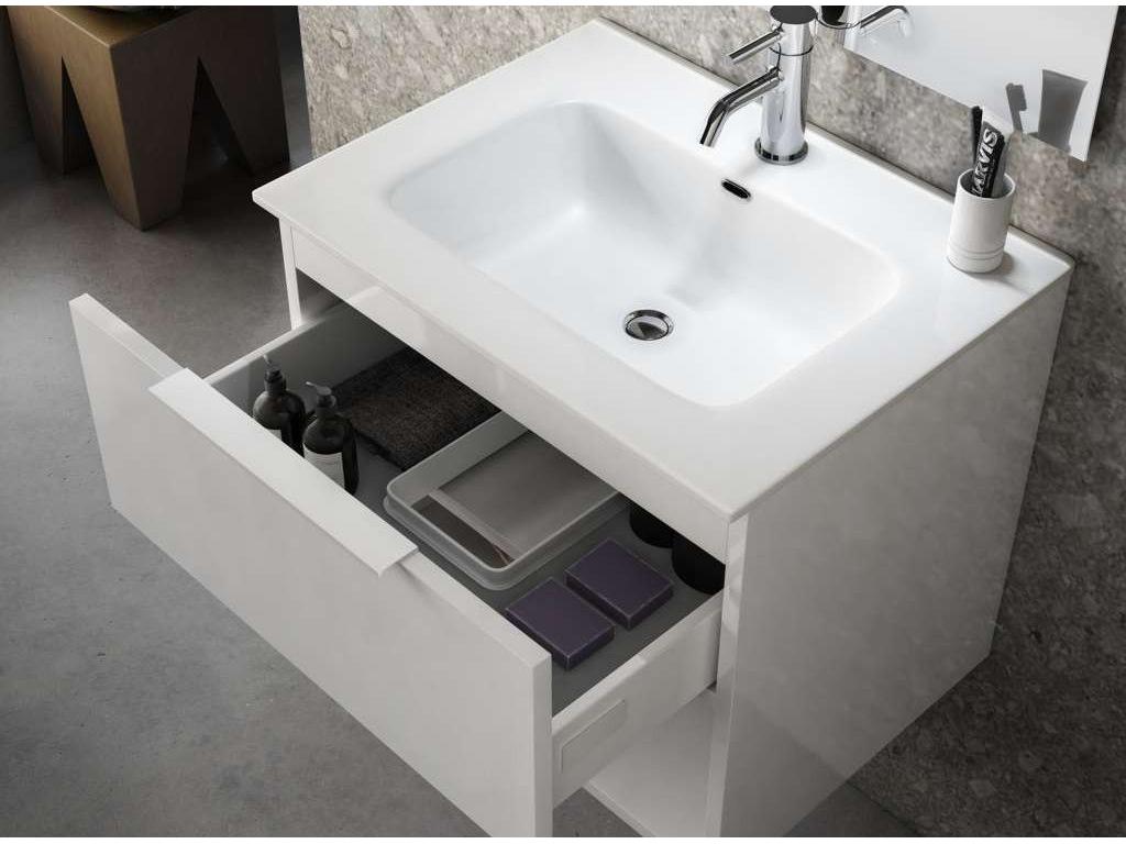 Decohaute bathroom vanity unit with 1 drawer, grey wood and illuminated mirror, 60cm wide, WNMD04739