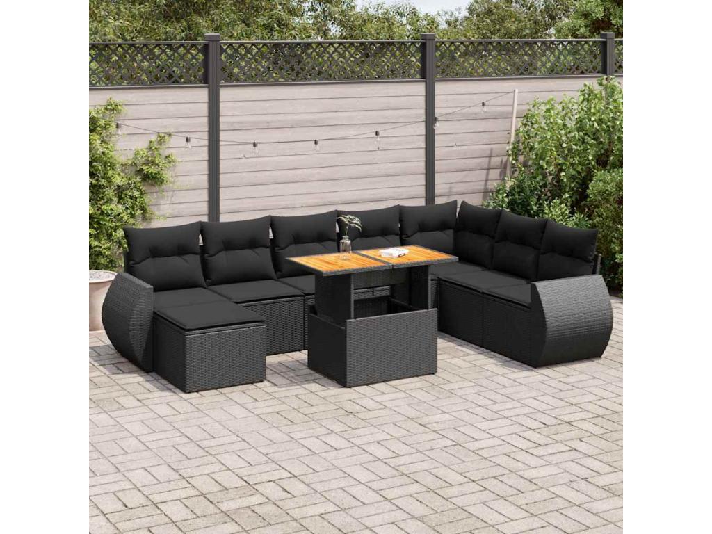 9-piece garden furniture set with cushions, black woven resin QMEL91413