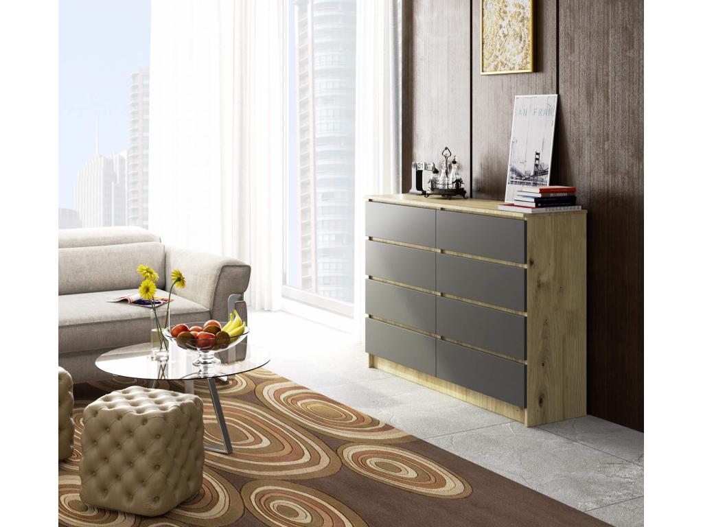 Decohaute K140 Oak Chest of Drawers, 138 cm, 8 Drawers, Graphite Grey Front, 138x40x99 cm, YFHT55099