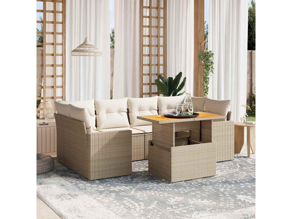 7-piece garden furniture set with cushions, beige woven resin UHLP11604