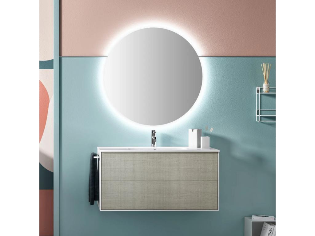 Domopure bathroom vanity unit with 2 drawers, white and beige lacquered finish, and illuminated mirror, 100cm wide, 2 HISW75102