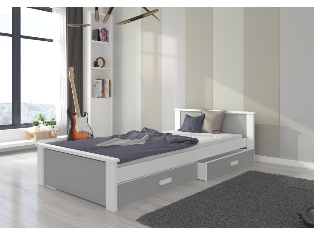 Children's bed in white and light grey pine wood, 90x200cm, with 2 storage drawers, Decohaute AQYW06570