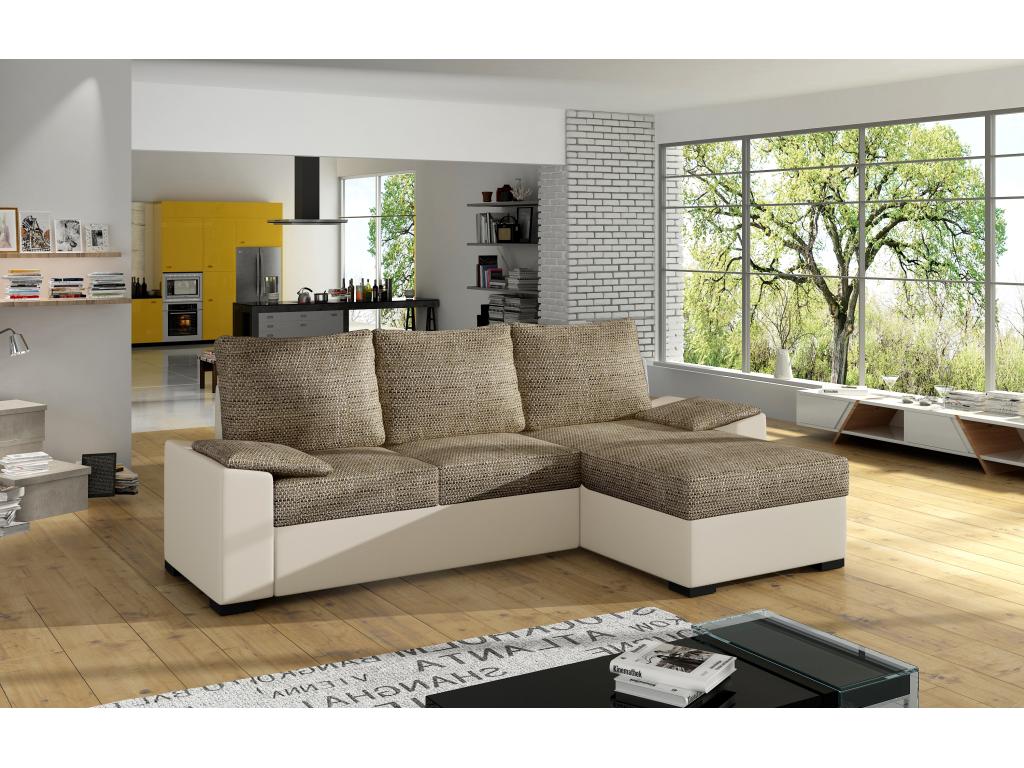 Domopure 245cm XRUR32349 Convertible and Reversible Corner Sofa in Beige Faux Leather and Light Beige Mottled Fabric