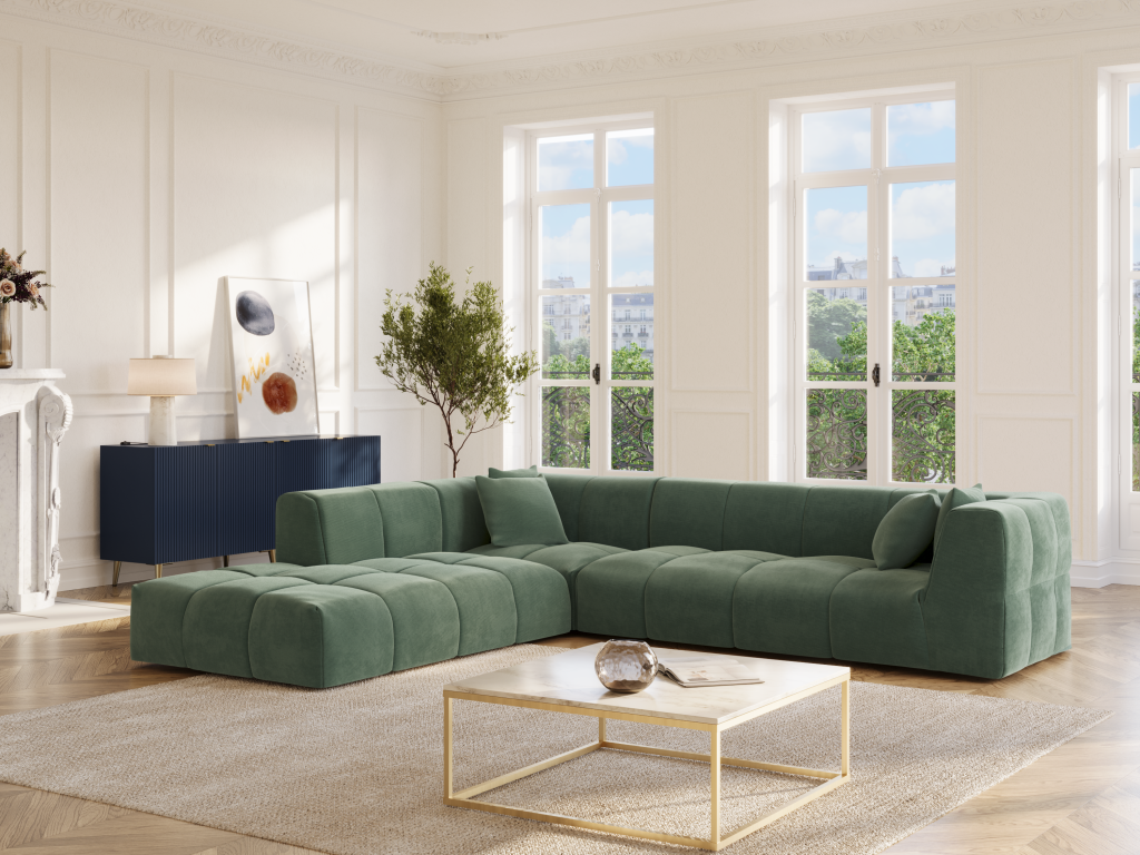 Domopure ULKR80485 Large Left-Facing Corner Sofa in Green Corduroy