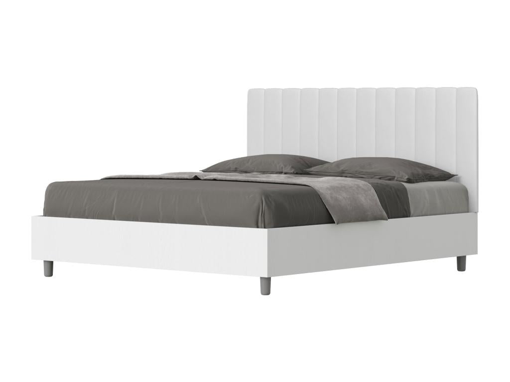 Double bed with storage compartment, 160x190 cm, white ash wood, Domopure white faux leather headboard, ADGO04097