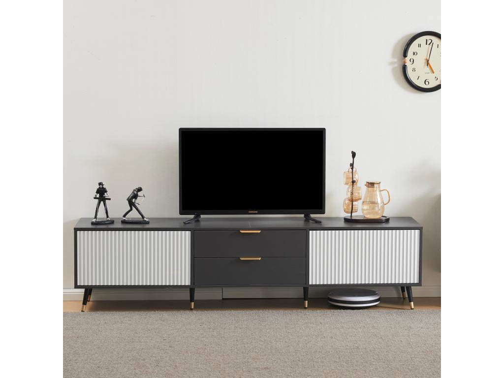 Elegant TV unit with 2 drawers, 2 doors and cable management - 200x40x50 cm - modern design - grey and white ATDL43036