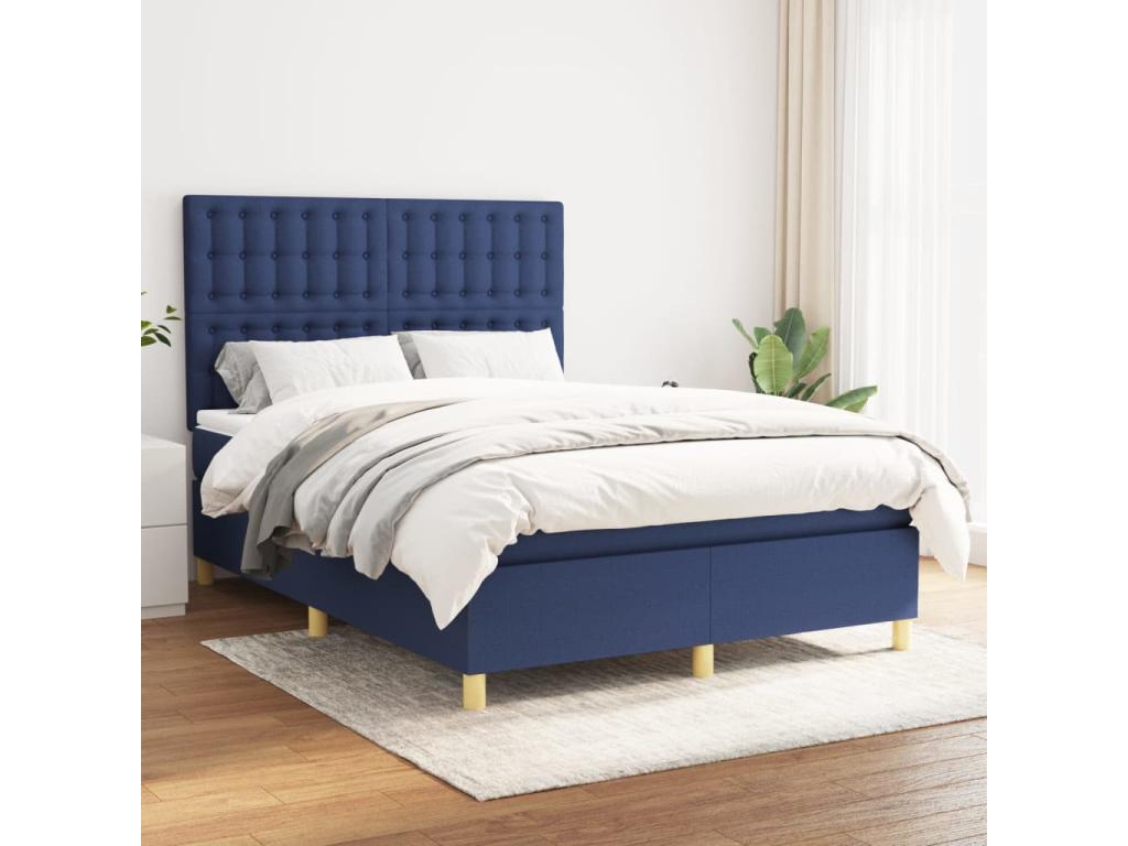 Upholstered bed base with mattress, blue, 140x190 cm, fabric DRGI13942