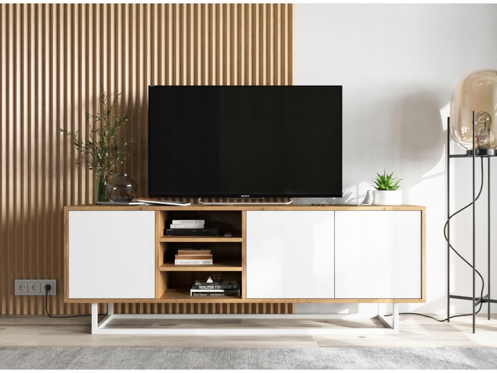 TV unit with 3 doors and 1 open shelf - Decohaute oak frame with matte white fronts - 150 cm metal frame WDHU24615