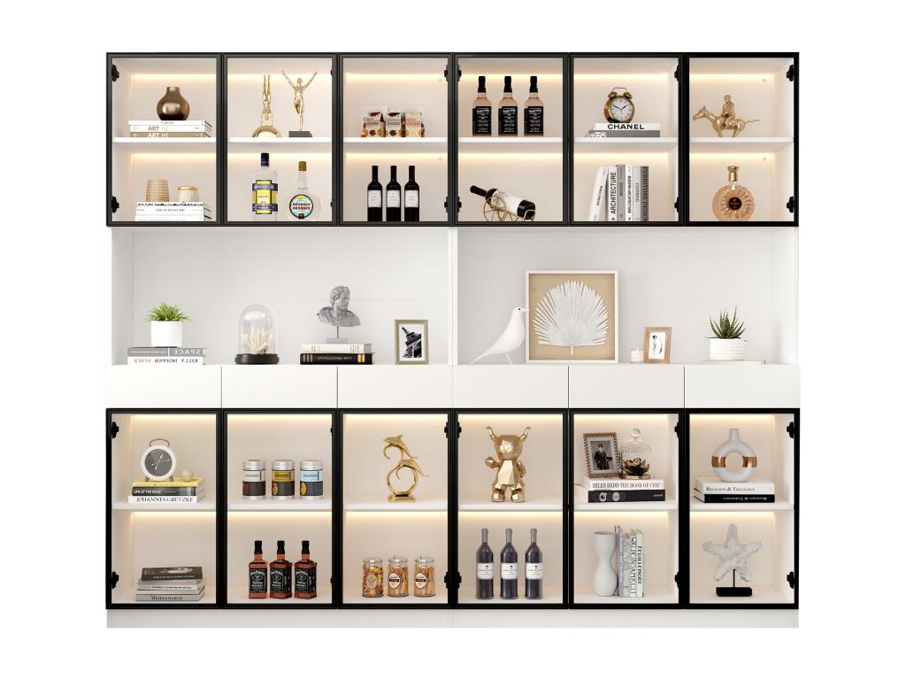 Display cabinet with 12 glass doors and 6 drawers - 240x36x200 cm - LEDs - Particleboard - White NVPV47260