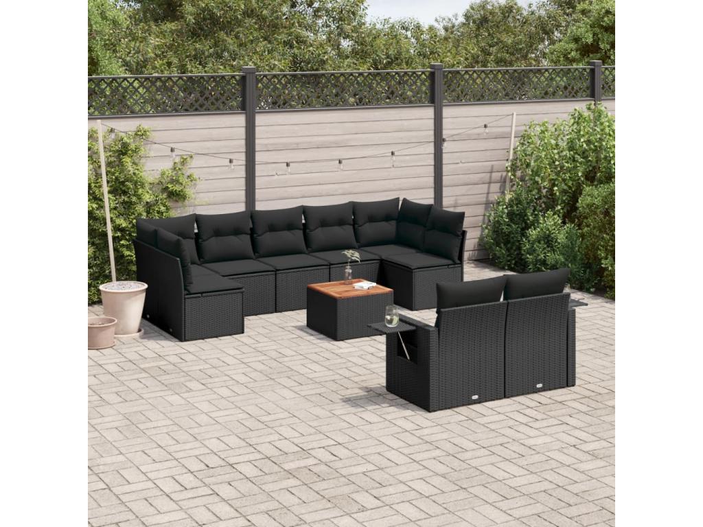 10-piece garden furniture set with cushions, black woven resin SHMH51049
