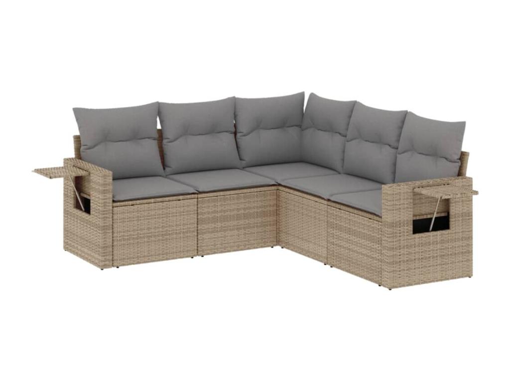 5-piece garden furniture set with cushions, beige wicker resin HGYY66296