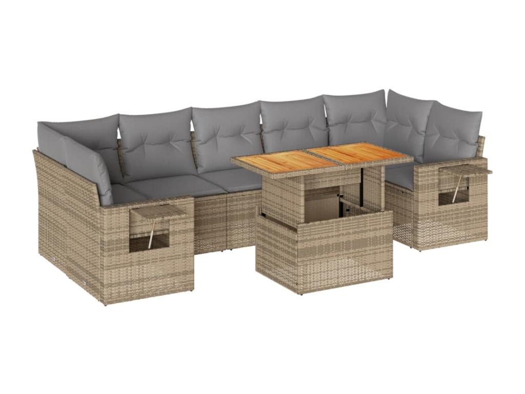 8-piece garden furniture set with cushions, beige wicker resin QISG35352