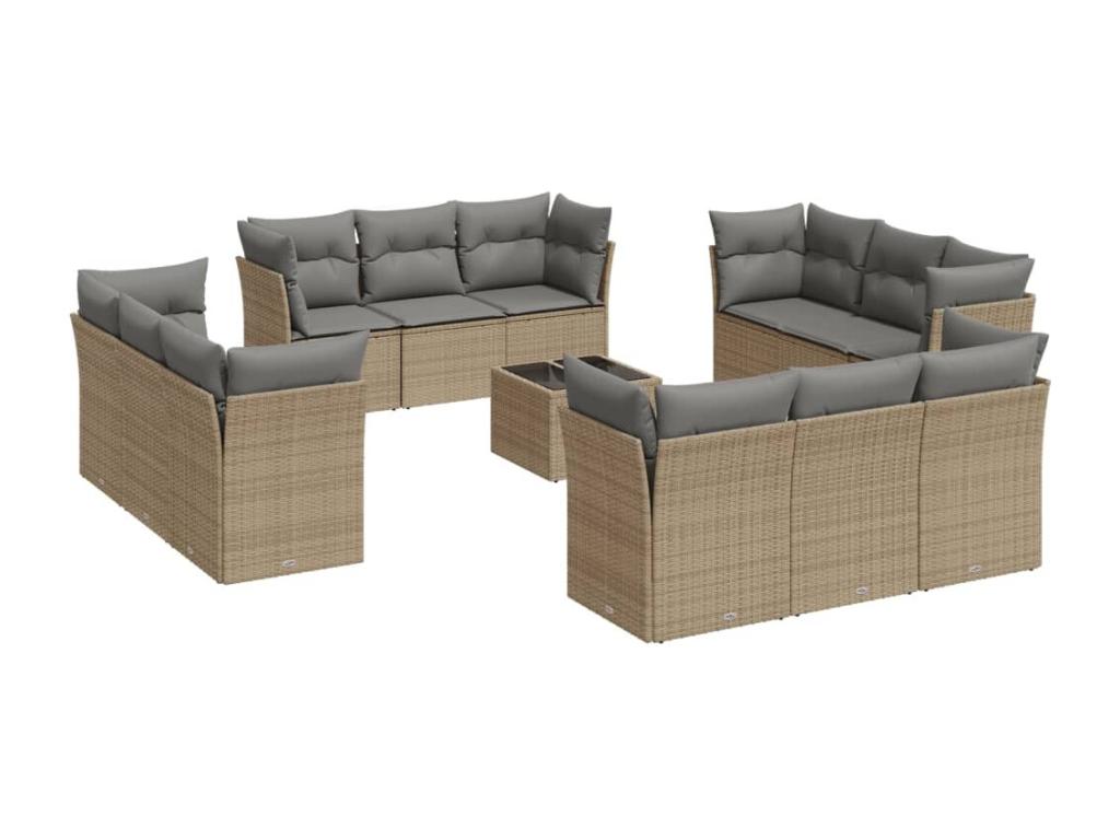 13-piece garden furniture set with cushions, beige woven resin GHPO07365