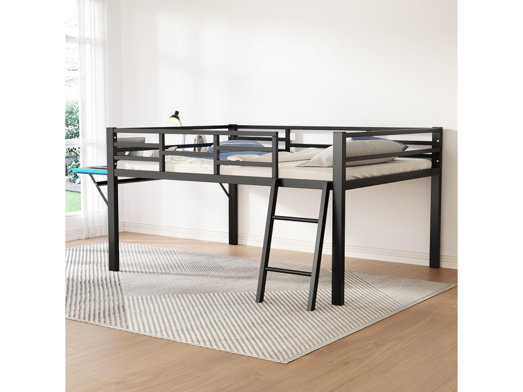 Flat metal bed 140x200 cm with ladder rails, desk, remote LED strip, black BLYA23274